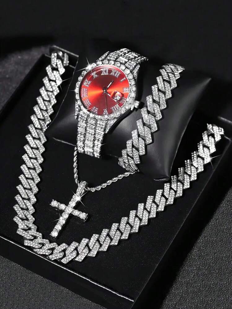 CVNANA Set de 4 piezas de reloj de hombre y cadena cubana de hip hop con pulsera (sin caja de regalo) - A - Añade 7