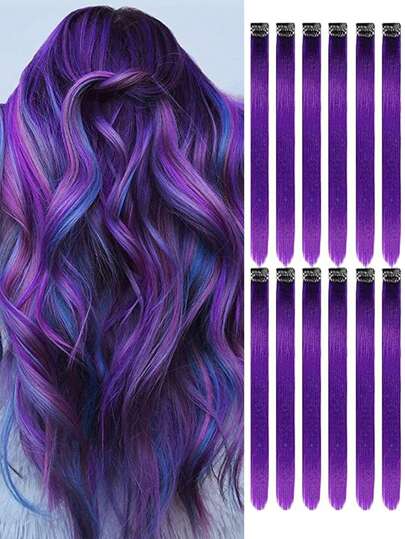 12 قطعة من تمديدات الشعر الملونة للتثبيت بالمشابك، تسريحات شعر ملونة مستقيمة وطويلة بطول 22 بوصة مقاومة للحرارة من الشعر الاصطناعي كملحقات للشعر لحفلات النساء