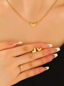 3 件套女士不锈钢心形耳环、戒指和项链首饰套装 - 金色 - 查看 1