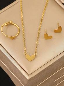 3 件套女士不锈钢心形耳环、戒指和项链首饰套装 - 金色 - 查看 6