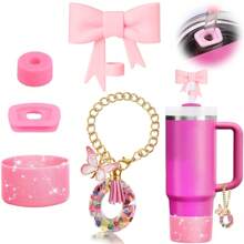 Set de 5 accesorios para tazas de 30oz y 40oz, decoraciones con iniciales para tumblers, que incluye tapa y funda de silicona para pajita, tapa a prueba de derrames, y dije para asa