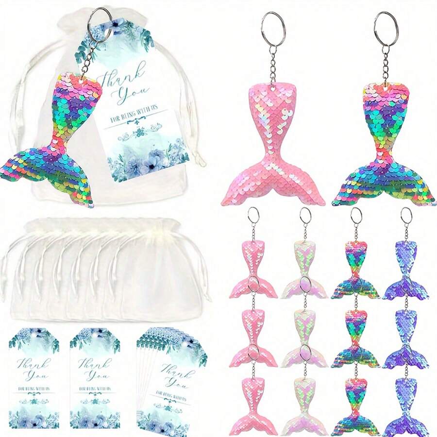 Bộ 12 món, Bộ quà tặng móc khóa nàng tiên cá, Mặt dây chuyền túi phụ kiện đuôi nàng tiên cá, Trang trí tiệc theo chủ đề nàng tiên cá