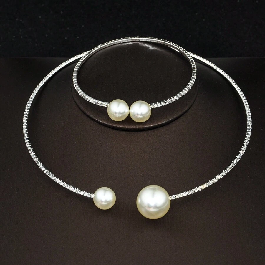 1 Set Fashion Pearl & Rhinestone Bracelet & Necklace Jewelry Set, Gift For Women, Everyday Wear Adjustable Bangle - Silver - View 1