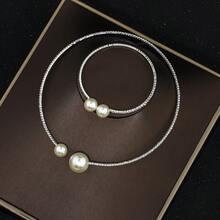 1 Bộ trang sức vòng tay và vòng cổ ngọc trai & đá quý thời trang, quà tặng cho phụ nữ, vòng đeo tay có thể điều chỉnh dùng hàng ngày - Bạc - Xem 4