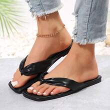 Stylish Women's Ruched Strap Flat Sandals - Open-Toe Beach Slippers With Chic Square Toe Design - Perfect For Outdoor Activities And Flip Flop Lovers! - 黑色 - 查看 3