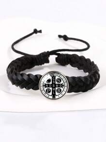 1pc Saint Benedict Medal Leather Bracelet, Adjustable Woven Rope Bracelet For Men - Bracelet - View 8