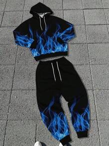 3D Digital Printed Flame Art Pattern Pocket Drawstring Hoodie & Sweatpants Two Pieces Set, Men's Wrinkle-Resistant Casual Streetwear Tracksuit For Spring - Black - View 9