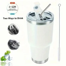 Vaso De Vacío Con Tapa, Botella De Agua Térmica De Acero Inoxidable, Vasos Portátiles Para Coche, Vasos De Agua, Vasos De Verano E Invierno, Accesorios De Viaje, Artículos De Cocina Para El Hogar - Blanco - Ver 2