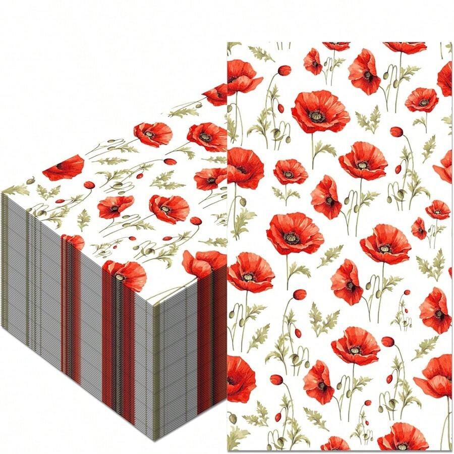 20pcs Poppy Flower Printed Paper Napkins, Disposable Poppy Flower Decorative Handkerchief Napkins For Spring Party - Multicolor - View 1