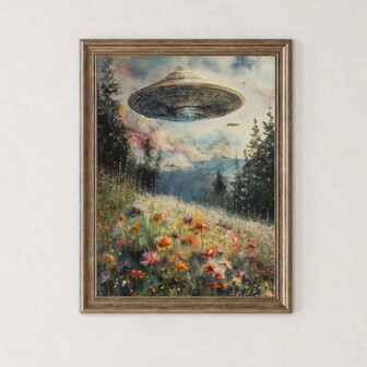 Vintage Style Canvas Wall Art Print, Floral Landscape On Surreal UFO, Alien Themed Rustic Decor, Frameless Alien Landscape Poster Wall Art For Living Room And Bedroom Gifts Birthday Graduation