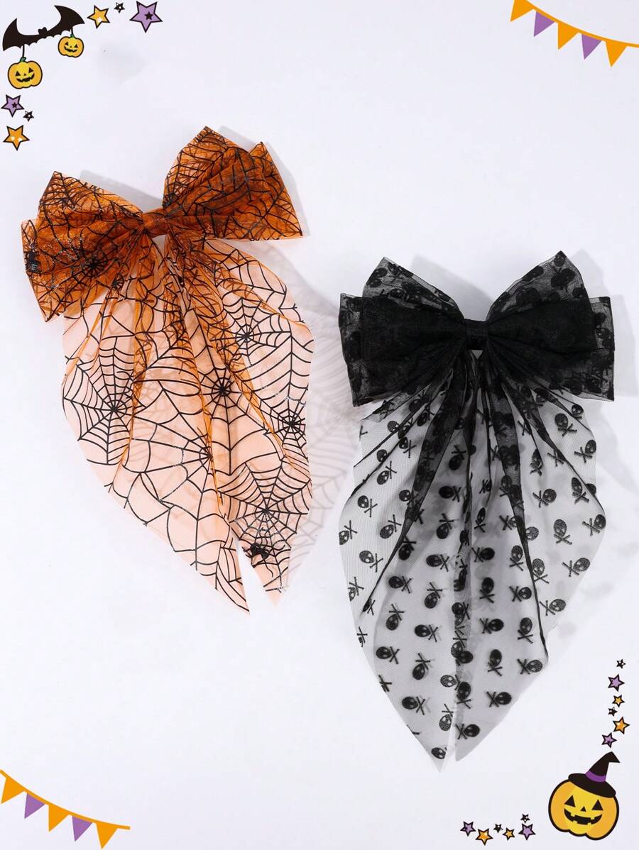 Halloween Hair Bows For Women Large Tulle Hair Bow Clips Black Spider Web Long Tail French Clips Mesh Sailor Bow Hair Clips Halloween Cosplay Costume Party Girl Bows Barrettes Women Hair Accessories Witch Halloween Accessories - Multicolor - View 1
