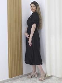 Plain Pleated Dress With Puff Sleeves - 黑色 - 查看 3