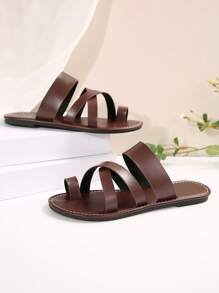 Women Open Toe Asymmetrical Strap Flat Slides, Spring Summer Round Toe Roman Sandals For Indoor Outdoor Vacation