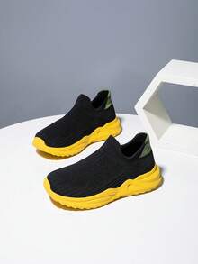 1 双女士运动鞋针织运动鞋袜子一脚蹬轻便透气防滑跑步鞋学生时尚休闲厚底鞋 - 黑色 - 查看 1