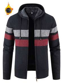 Veste-cardigan tricoté épais doublé de sherpa, zippé et ajusté, avec poches, pour hommes - Noir - Voir 1