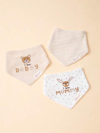 momscare 3pcs Baby Bibs, Bear, Rabbit, Valentine's Day Patterns, Soft Absorbent Feeding Burp Cloths, Suitable For Newborns & Infants - Adorable Design Baby Bibs - Perfect Feeding Gift For Baby Boys & Girls