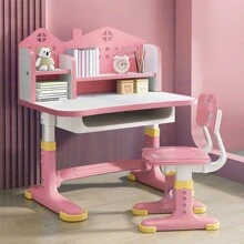 Kids Functional Desk Chair Set, Height Adjustable Children School Study Desk With Castle Backboard, Widened Desktop, Bookstand And Storage Drawer - Pink - View 3