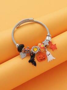 1pc Exaggerated Pumpkin, Ghost, Bat Pattern, Gradient Star & Wave Geometric Beaded Stainless Steel Bracelet, Halloween Party Accessory For Women - Multicolor - View 12