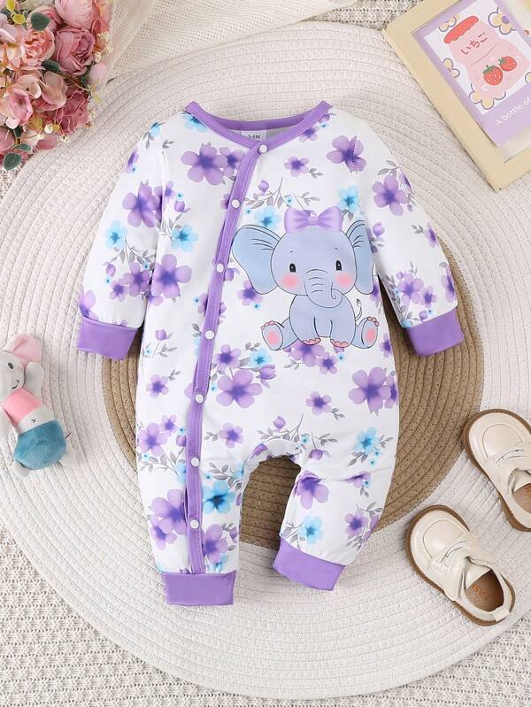 Baby Girl Cartoon Elephant Printed Long Sleeve Romper, Spring & Autumn