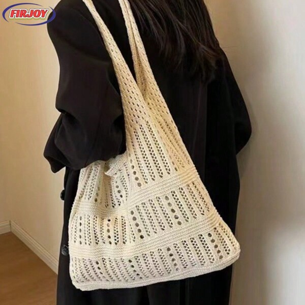 FIRJOY 1PC Fashion Ladies Knitting Casual Bag, Duża pojemność Woven Bag, Przenośna, Prosty Literacki Styl Retro, 2024 Fashion Casual Bag, Odpowiednia dla nastoletnich dziewcząt Studentek College'u, Biały Kołnierzyk Odpowiedni Do Szkół, Odpowiedni Dla nastoletnich dziewcząt Studentek College'u, Nauczycieli, Studentów, Biały Kołnierzyk Na Uniwersytety. Wakacje, Plaża, Wakacje, Zakupy. Na Jesienny Wystrój Domu, Składane Torby Do Przechowywania, Boho Vibes