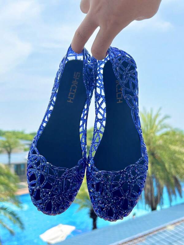 Women's Summer Hollow Out Flat Crystal Jelly Sandals, Closed Toe, Soft Beach Shoes