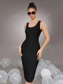 Modphy Modphy Mouwloze U-hals, rugloze ritssluiting, slim fit, middellange bandagejurk, sexy en elegant voor vrouwen, geschikt voor formele evenementen, feesten en partijen, bruiloftsgasten, cocktailjurk