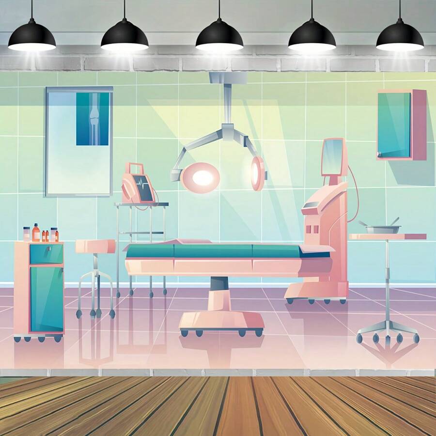 1 pieza Fondo de dibujos animados de sala de operaciones del hospital, cama de anestesia quirúrgica del médico, equipo médico de fondo, decoración de fiesta temática de médico y enfermera, accesorios de estudio fotográfico de enfermería - Multicolor - Ver 1