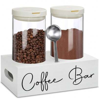 Glass Coffee Containers With Shelf,Coffee Station Organizer,Coffee Bean Storage Jars With Spoon,2x48oz Coffee Bean Storage With Airtight Locking Clamp Coffee Canister For Coffee Bean,Ground Coffe