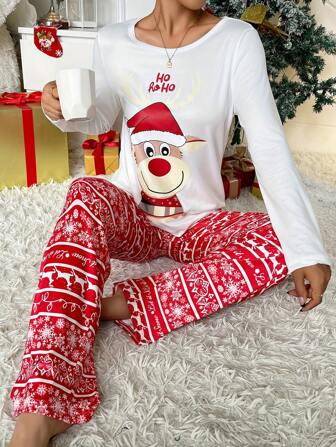 2pcs Women's Christmas Santa Hat & Reindeer Nose Print Long Sleeve Top And All-Over Reindeer & Snowflake Allover Print Pants Casual Pajama Set