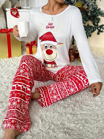 2pcs Women Christmas Hat, Red Nose Reindeer Long Sleeve Top And All-Over Reindeer & Snowflake Print Christmas Pants Pajama Set, Fall Winter Clothes