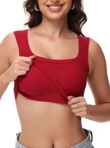 Women's Tight Fitted Widened Square Neck Tank Top With Built-In Bra Pads Sleeveless Air Touch Fabric - 酒紅色 - 查看 5