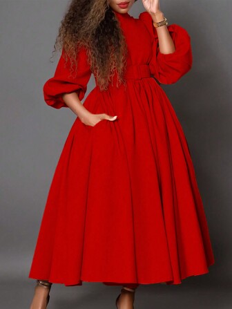 Fitted & Elegant Lady-Like Full Solid Color Pocket Cinched Waist Midi Dress