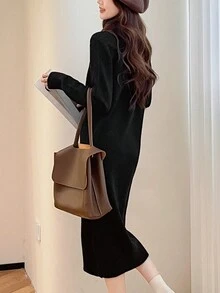 女士纯色高领长袖休闲修身针织毛衣连衣裙 - 黑色 - 查看 3