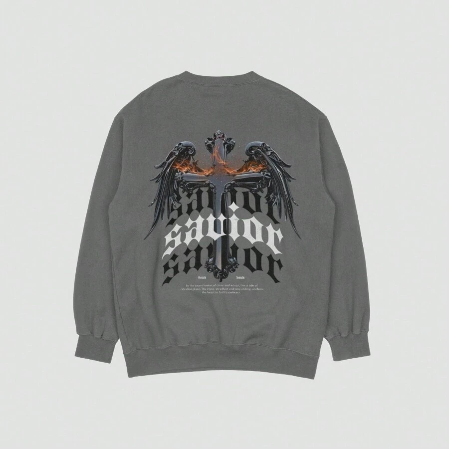 Bald Sweatshirt Without Hood Printed Cotton Flannel Savior Print Promotion (BACK) After Special Edition - 深灰色 - 查看 1