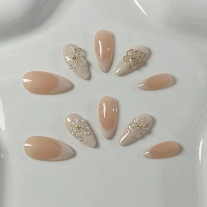 10片/套 手工白色法式边3D花朵日常裸色简约优雅时尚假指甲按压式美甲用品手工按压式美甲