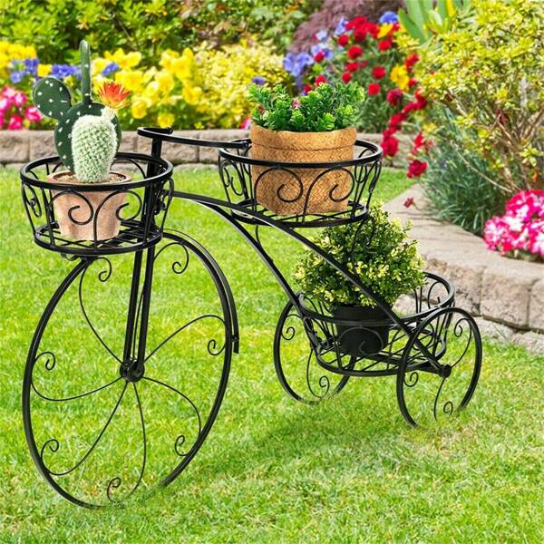UNHO 3 Tier Metal Plant Stand Flower Pot Cart Holder Black Tricycle Plant Stand For Home Garden Patio