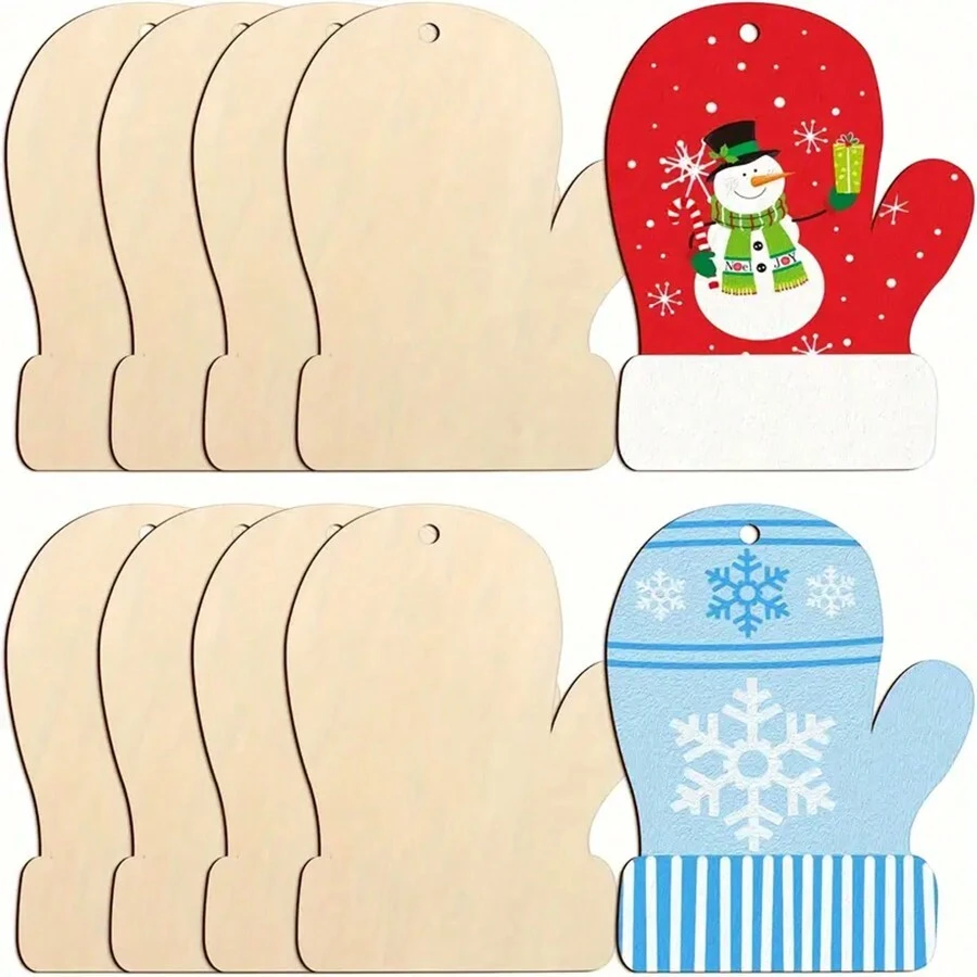 10pcs DIY Paintable Wooden Christmas Decorations - Blank Gloves And Discs For Handmade Crafts, Home Hanging Decor, Suitable For All Seasons (Includes Jute Rope) - Multicolor - View 1