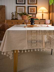 MeijiaMo 1 Pc Linen Patchwork Rectangular Tablecloth, Bohemian Nordic Minimalist Hollow Out Home Decor Placemat Table Topper With Tassels, Suitable For Dining Room, Kitchen, Hotel, Bedroom, Picnic, Dust-Proof, All Season - Multicolor - View 3