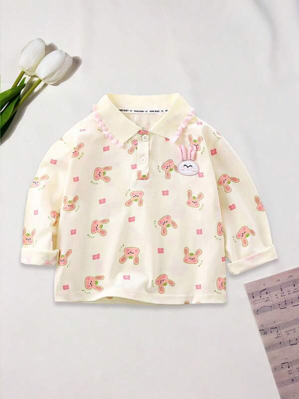 1pc Cute & Sweet Pastoral Cartoon Rabbit Random Print Long Sleeve Polo Shirt Top With 3D Embroidery Ruffle Detail For Young Girls, Casual Spring Fall