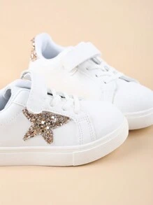 1 Pair Girls Sparkly Stars Decor Lightweight Flat Casual Sneakers, Non-Slip Outdoor Comfortable Kids Shoes, Suitable For All Seasons