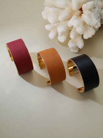 1pc Open Cuff Metal & Leather Bracelet, Fashion Bohemian Geometric Hollow Candy Color Bangle, Chic & Elegant Accessory For Casual Wear, Holidays, Travel