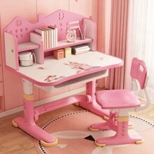 Kids Functional Desk Chair Set, Height Adjustable Children School Study Desk With Castle Backboard, Widened Desktop, Bookstand And Storage Drawer - Pink - View 1