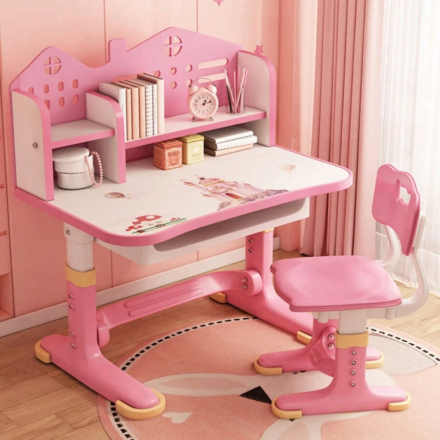 Kids Functional Desk Chair Set, Height Adjustable Children School Study Desk With Castle Backboard, Widened Desktop, Bookstand And Storage Drawer - Pink - View 1