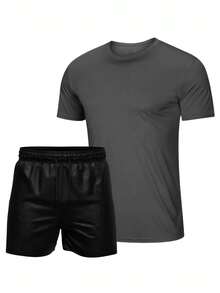 Dry Fit T-Shirt And Plain Tactel Shorts Set With Pockets - Màu xám đen - Xem 1