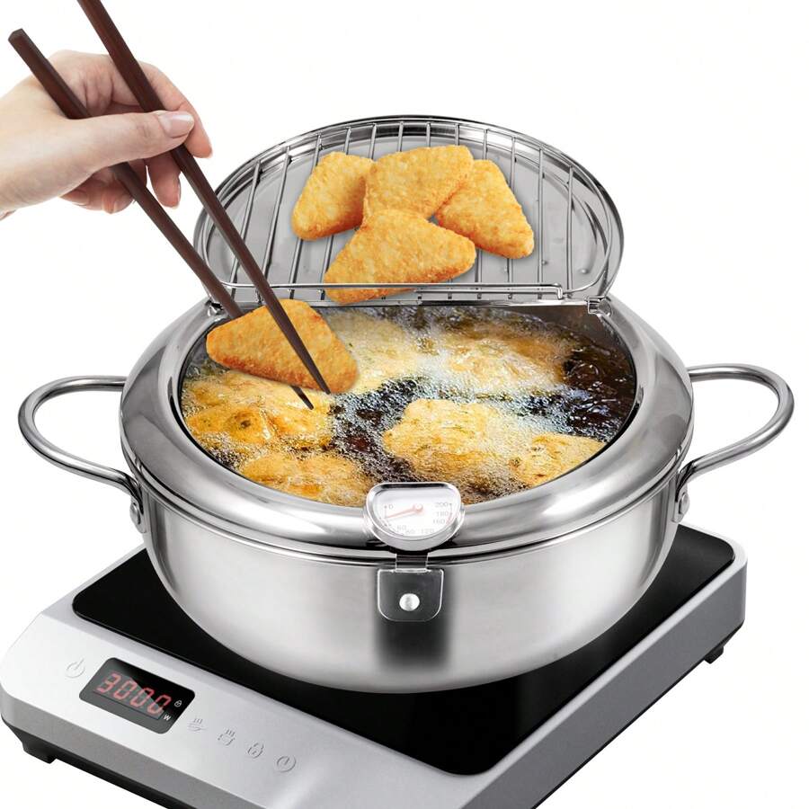 Nalupatio Japanese Style Deep Fryer Pot, 9.4 Inch/3.4 L Tempura Frying Pot With Lid, 304 Stainless Steel, Temperature Control & Oil Drip Rack For Kitchen, French Fries, Chicken