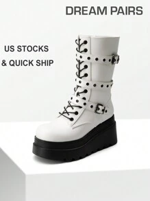 DREAM PAIRS Women's Platform Mid-Calf Boots Cyberpunk Combat Style Multiple Buckle Straps Round Toe Side Zipper Anti-Slip Thick Heel Outdoor Halloween Chunky Heel Music  Festival Party WHITE Boots - 黑與白 - 查看 2
