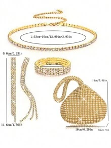 4 Peças Conjunto Versátil de Moda Feminina com Bolsa, Clutch, Brincos com Borla Longa, Pulseira e Colar Decorados com Cristais Brilhantes e Elegantes, Bolsas para Festa, Perfeito para Festa, Casamento, Baile de Formatura, Jantar/Banquete