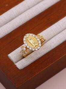 1pc DIY New Virgin Mary Classic Ring, Copper Micro-Inlay CZ Plated 18K Gold Women Girls Faith Virgin Mary Ring