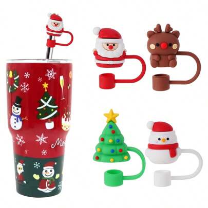 1pc/2pcs/4pcs 10mm Santa Claus, Snowman, Reindeer Silicone Straw Stoppers, Reusable Straw Protectors For 30&40oz Tumblers, Wedding Party Cup Decor Accessories, Christmas Gift
