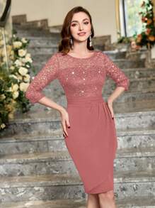 MIUSOL Sequin Floral Lace Scoop Neck Wrap Hem Cocktail Party Pencil Dress - Dusty Pink - View 7
